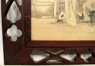 Set of 2 Grisaille Style Asian Ink Drawings Framed In Matching Latice Cutout Woo